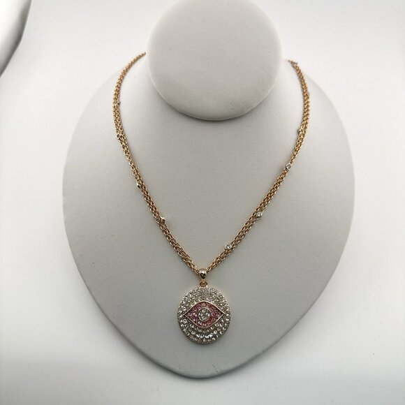 Joan Boyce Necklace Evil Eye Angel Eye Talisman Rose Gold Tone Rhinestone Bezel - Picture 2 of 12